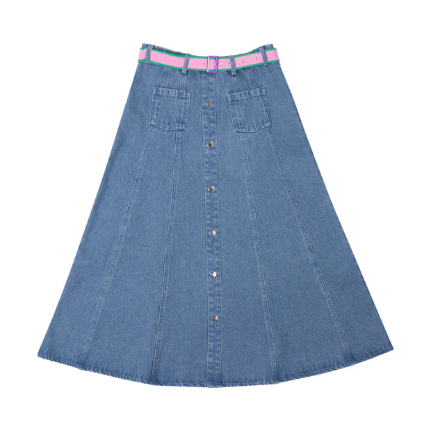 Denim Belt Midi  Skirt