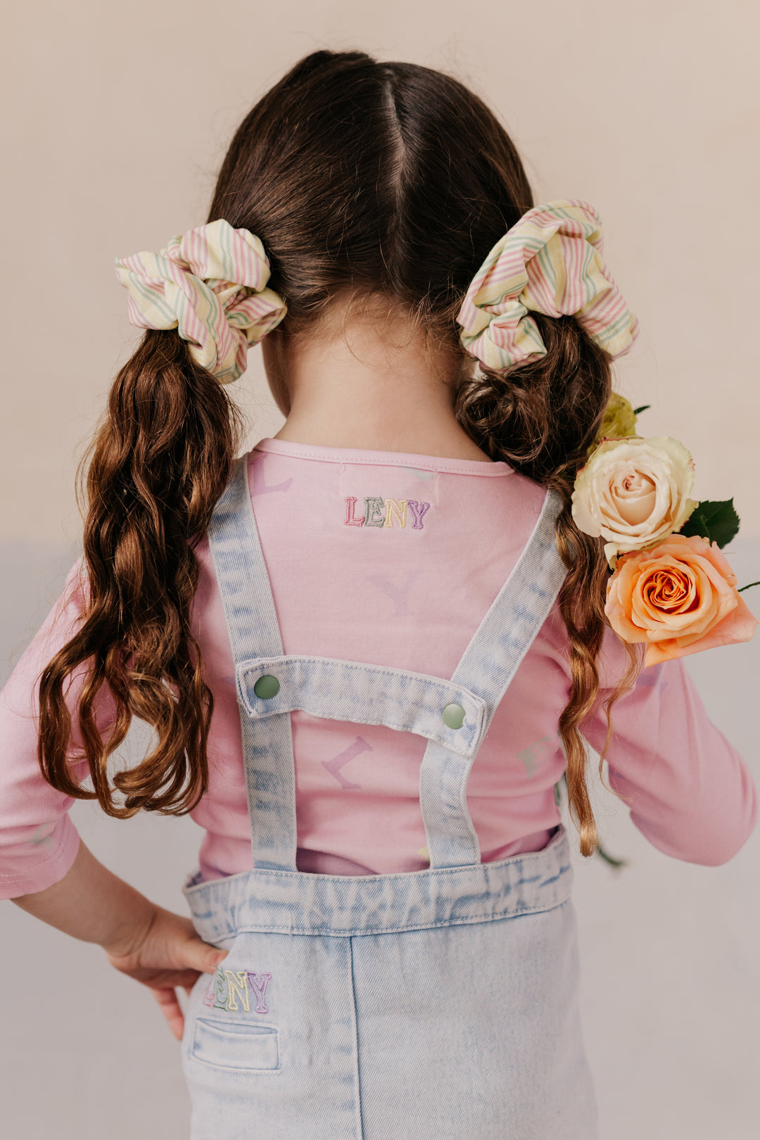 pink denim pinafore dress Pink striped denim pinafore dress Tecla Jr with embroidery